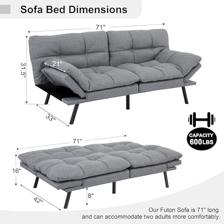 MUUEGM 71" Futon Sofa Bed, Comfortable Memory Foam Futons Sofa with Adjustable Backrest & Armrests, Convertible Loveseat Futon Bed for Compact Living Room, Apartment, Office, Grey MUUEGM