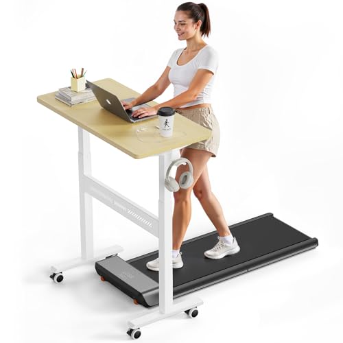 WALKINGDESK Mobile Walking Pad Desk with Wheels, Pneumatic Small Rolling Standing Desk Riser Height Adjustable (28-43.7") for Treadmill, Portable Computer Table for Home Office, Oak WALKINGDESK