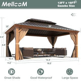 MELLCOM 12' X 16' Hardtop Gazebo, Wooden Finish Coated Aluminum Frame Gazebo with Galvanized Steel Double Roof, Brown Metal Gazebo with Curtains and Nettings for Patios, Gardens, Lawns MELLCOM