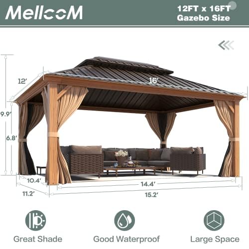 MELLCOM 12' X 16' Hardtop Gazebo, Wooden Finish Coated Aluminum Frame Gazebo with Galvanized Steel Double Roof, Brown Metal Gazebo with Curtains and Nettings for Patios, Gardens, Lawns - WoodArtSupply