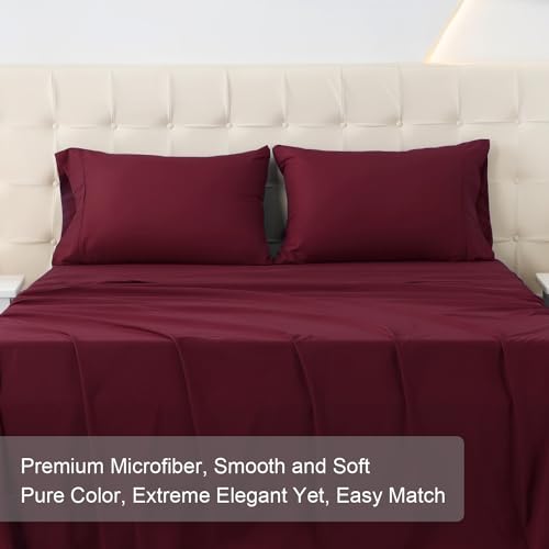 MICORAL Queen Bed Sheets Set, Soft Breathable Bedding Sheet Set, Sheets Set with 16" Deep Pocket Design (4 Pieces, Queen, Wine Red) MICORAL