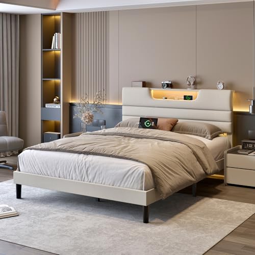 OURPIC Queen Bed Frame with Charging Station and LED Light, Upholstered Bed Frame Queen Size with Headboard, Wood Bedframe No Box Spring Needed, Easy Assembly, Beige OURPIC