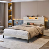 OURPIC Queen Bed Frame with Charging Station and LED Light, Upholstered Bed Frame Queen Size with Headboard, Wood Bedframe No Box Spring Needed, Easy Assembly, Beige OURPIC