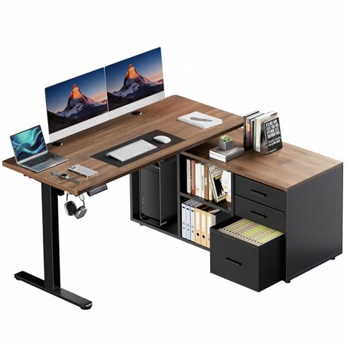 HUANUO L Shaped Standing Desk, Electric Executive Desk with Drawers, Adjustable Height Stand Up Desk, 55″ x 23.6″ One-Whole Piece Desktop, Home Office Computer Desk with 4 Memory Presets, Walnut HUANUO