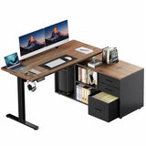 HUANUO L Shaped Standing Desk, Electric Executive Desk with Drawers, Adjustable Height Stand Up Desk, 55″ x 23.6″ One-Whole Piece Desktop, Home Office Computer Desk with 4 Memory Presets, Walnut HUANUO