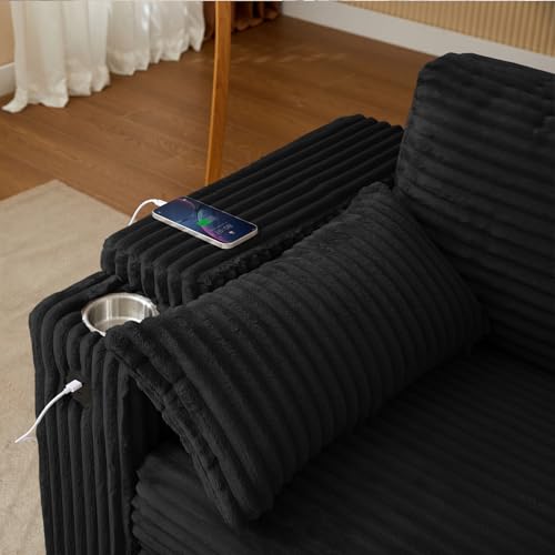 Convertible Corduroy Sofa Bed with USB Charging Port & Cup Holders, 68.11" Foldable Sleeper Chair with Armrests & Pillows, 3-in-1 Floor Futon for Living Room, Bedroom, Guest Room，Easy Assembly hansones