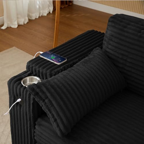 Convertible Corduroy Sofa Bed with USB Charging Port & Cup Holders, 68.11" Foldable Sleeper Chair with Armrests & Pillows, 3-in-1 Floor Futon for Living Room, Bedroom, Guest Room，Easy Assembly hansones