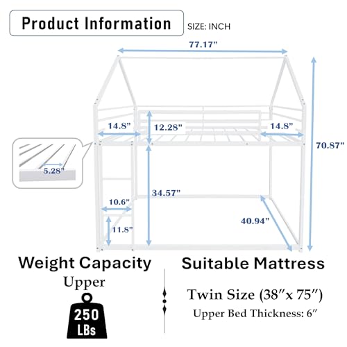 PVWIIK Bunk Bed Twin Over Twin for Girls,Boys,Twin House Bunk Bed Frame with Guardrail & Ladder,Noise-Free,Easy Assemble,No Box Spring Needed,White PVWIIK