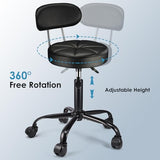 FNZIR PU Leather Rolling Stool with Back Support Height Adjustable Swivel Stool Chair with Wheels Drafting Chair for Spa Slaon Massage Stable Base Foot Black FNZIR