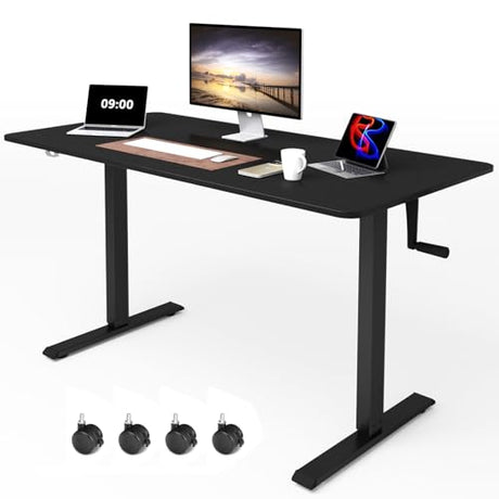 Whole Piece Manual Standing Desk Adjustable Height with Lockable Casters- Hand Crank Stand up Desk with Wheels, Mobile Sit to Stand Workstation with Handle iWkstation