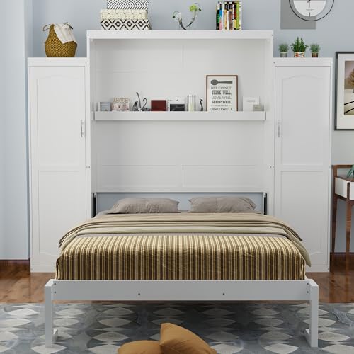 Merax Full Size Wood Murphy Bed, with 2 Wardrobe and Storage Shelf, Multifunctional Foldable Wall Platform Bedframe for Guest-Room, Bedroom, White Merax