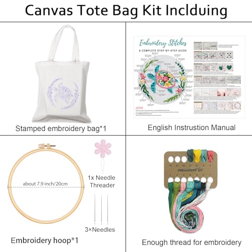 Nuberlic Canvas Tote Bag Embroidery Kit for Beginners Adults -Cross Stitch Kits Needlepoint with Sea Turtles Pattern Bag Reusable Eco-Friendly Shopping Bag