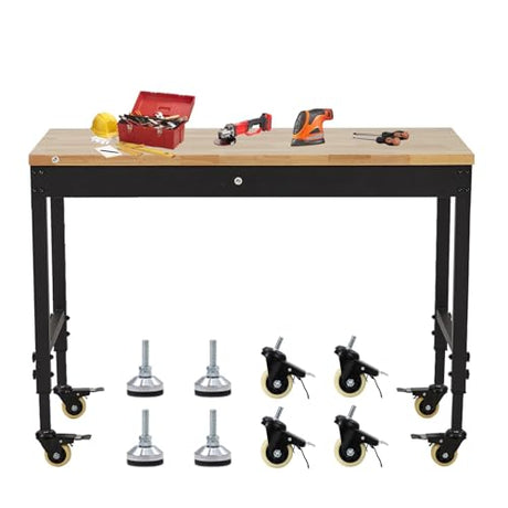 48" Adjustable Workbench with Wheels, 2000 LB Capacity, Power Outlets, Solid Hardwood Top, Heavy Duty Garage Work Table for Workshop, Home Office, DIY IDEALHOUSE