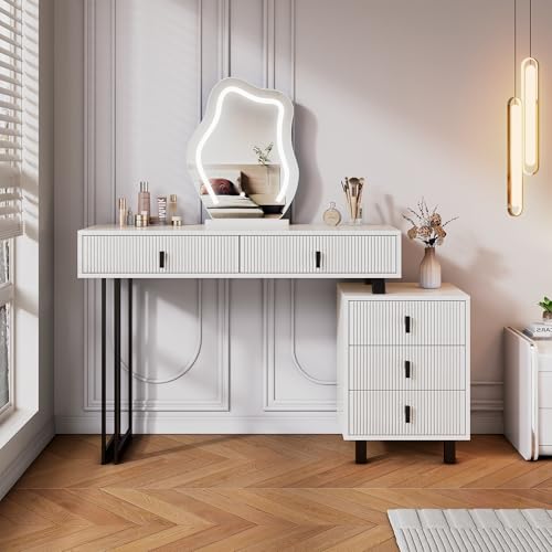 KDCAS Vanity Desk with Mirror and Lights| Small Makeup Vanity Set with Adjustable Cabinet & 5 Drawers Storage| Modern Dressing Table for Small Spaces & Bedroom(White and Black) KDCAS