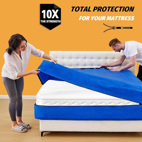 Mattress Bags for Moving, BETU Mattress Protector Waterproof Mattress Cover King Size Storage Bags with 8 Heavy-Duty Handles and Zipper for Bed Extra Thick Large Reusable (82"x79"x15" Blue) BETU