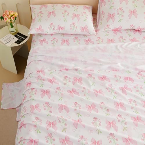 Jolusere Bow Sheet Set Full for Girls Kids Pink Floral Fitted Sheet Set Soft Microfiber Fitted Flat Sheets & Pillowcases - Princess Style Bowknot Bedding Sets Toddlers 4 Pieces Cute Sweet Bed Set Jolusere
