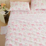 Jolusere Bow Sheet Set Full for Girls Kids Pink Floral Fitted Sheet Set Soft Microfiber Fitted Flat Sheets & Pillowcases - Princess Style Bowknot Bedding Sets Toddlers 4 Pieces Cute Sweet Bed Set Jolusere
