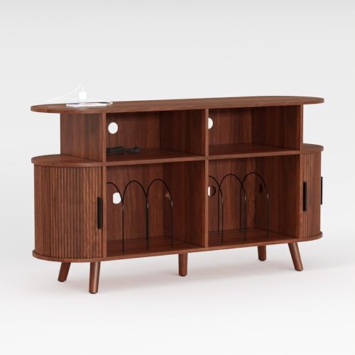 55'' Fluted Mid Century Modern Turntable Cabinet with Vinyl Storage, Large Round Record Player Stand with Charging Station and Display Shelf, Arched Wood Record Player Table for Living Room Garvee
