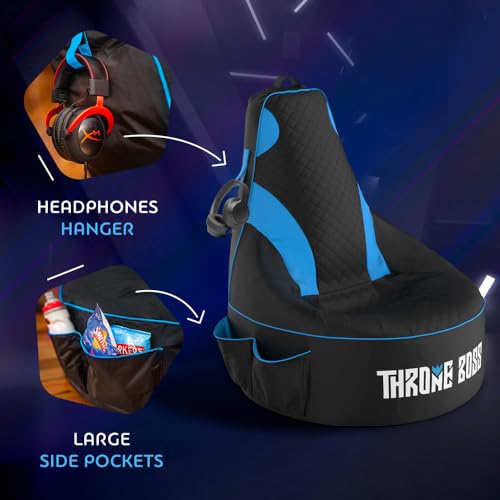 Throne Boss Gaming Bean Bag Chair for Kids [Cover ONLY No Filling] - High Back Beanbag for Boys, Girls, and Gamers with Cup Holder (Black/Blue) Throne Boss