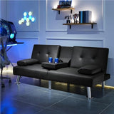 Convertible Folding Futon Sofa Bed Sleeper Couch for Living Room, Modern Faux Leather Upholstered Loveseat w/Removable Armrests, Metal Legs, 2 CupHolders, Love Seat Sofa Bed for Small Spaces (Black) anwickjeff