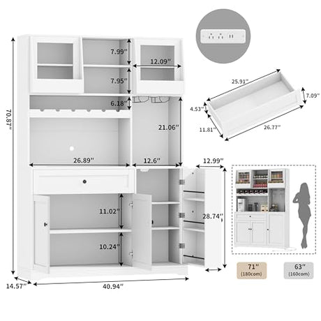 Gyfimoie 71" Pantry Cabinet with LED Light & Outlet, Kitchen Hutch Storage Cabinet with 6 Adjustable Shelves and 3 Hanging Rack Shelves,Food Pantry for Kitchen, Dining Room or Living Room, White Gyfimoie