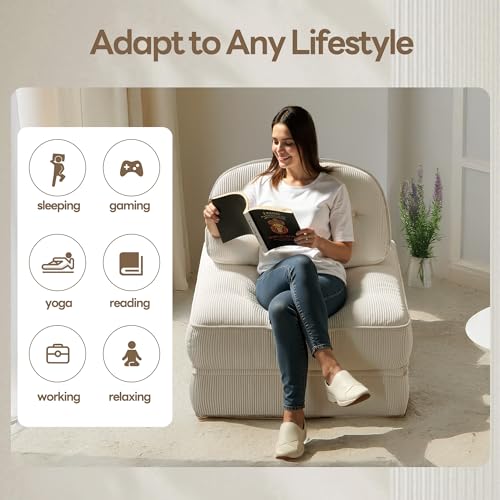 Dowinx Folding Sofa Bed with Pillow, Convertible Comfy Couch Bed for Adults Home Lounge and Gaming, Modern Comfortable Design for Apartment Living Room Bedroom, Single, Ribbed Velvet, White Dowinx