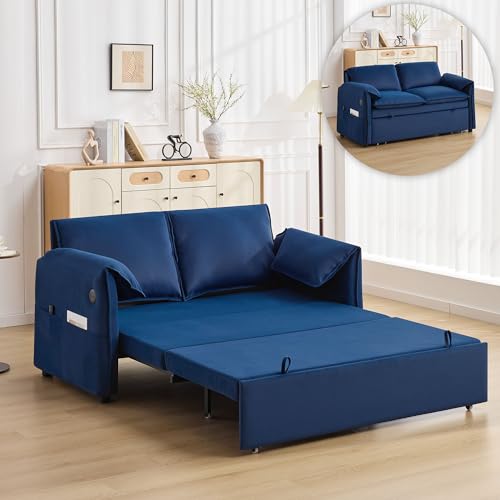 Hatppto 63" Velvet Pull Out Sofa Bed, 3-in-1 Convertible Futon Loveseat Queen Sleeper Sofa Couch Bed with Adjustable Backrest, USB Ports & Side Pockets, Modern Sofas for Living Room, Apartment, Blue Hatppto