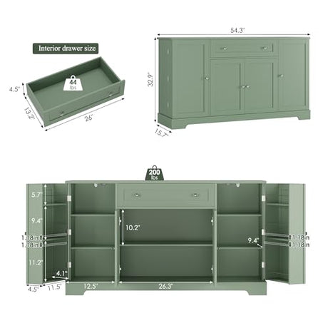 HITHOS 54" Buffet Cabinet with Storage, Modern Kitchen Buffet Sideboard with Drawer, Wood Coffee Bar Station with Adjustable Shelves, Kitchen Storage Cabinet for Living Room, Green HITHOS