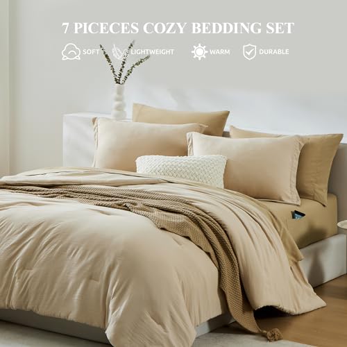 WRENSONGE Queen Comforter Set- 7 Pieces Beige Bed in a Bag Queen with Fitted Sheet, Flat Sheet, 2 Pillow Shams, and 2 Pillowcases- Warm Bed Set for All Season WRENSONGE