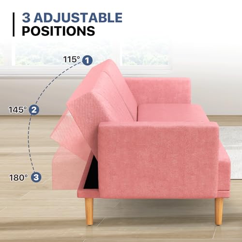 MoNiBloom 75 Inch Convertible Couch Sofa Bed, Reclining Futon Sleeper with Cloud Cushion & Ergonomics Armrest, 3 Seater Upholstered Couch, Comfy Reclining Sofa Bed for Living Room, Bedroom, Pink MoNiBloom