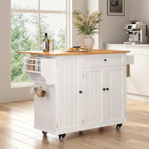 Ahomly Kitchen Island with Storage, Island Table for Kitchen with Drop Leaf, 5 Wheels, Interal Storage Rack, a Drawer, Spicy Rack and Towel Bar, Sufficient Countertop Space and Storage, White