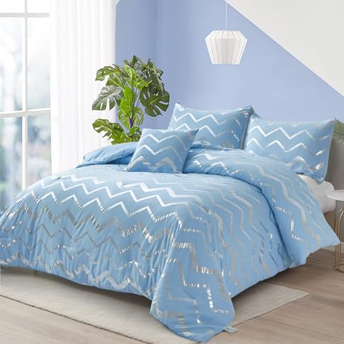Menghomeus Blue/Silver Comforter Set Twin/Twin XL Size Metallic Print Glitter Bed Comforter Cute Shinny Bedding Sets for Teen Girls Kids, 3 Piece (1 Pillowcase, 1 Decorative Pillow Sham) Menghomeus