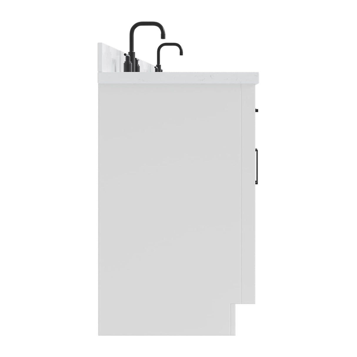 ARIEL Hepburn 72" White Double Vanity, 1.5" Edge Carrara Quartz Countertop & Splash, Rectangular Sinks, 4 Soft Closing Doors, 6 Full Extension Dovetail Drawers, Toe Kick, Matte Black ARIEL