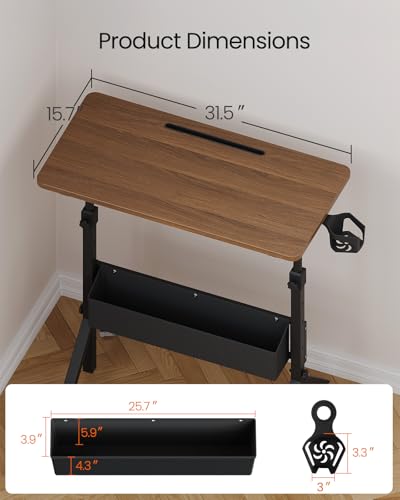 ErGear Mobile Standing Desk with Wheels, Adjustable Height 28.3″ to 46.3″, Rolling Laptop Cart with Cup Holder, Storage Basket, Computer & Pen Slot, Home Office Stand Up Desk, Walnut (31.5″ x 15.75″) ErGear
