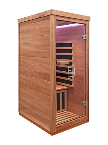 Haoyao Indoor Infrared Hemlock & Okoume 1100W 1-Person MINI Sauna with LED Lights, Bluetooth Speakers – A Gift for Parents or Friends Haoyao