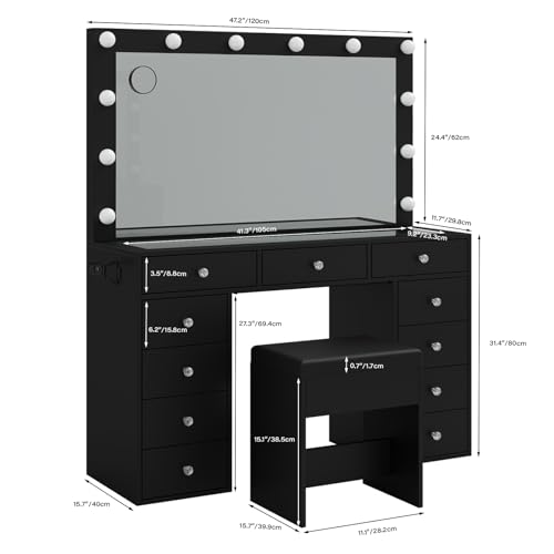 Yanosaku Vanity Desk & Power Outl, Makeup Vanity with Mirror and 12 LED Lights, Makeup Table with 11 Drawers, Vanity Table with Chair，Vanity Set 3 Lighting Modes Brightness Adjustable(Black) - WoodArtSupply