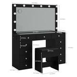 Yanosaku Vanity Desk & Power Outl, Makeup Vanity with Mirror and 12 LED Lights, Makeup Table with 11 Drawers, Vanity Table with Chair，Vanity Set 3 Lighting Modes Brightness Adjustable(Black) Yanosaku