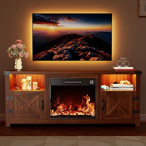 YESHOMY LED Fireplace TV Stand with Mood Lighting, TV Cabinet with Open Shelf, Farmhouse Media Console with Hidden Cable Routing, Entertainment Center for Televisions up to 65+ Inch, Walnut YESHOMY