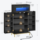 HOOBRO Pantry Cabinet with Charging Station, Kitchen Pantry Cabinet with LED Light and Storage Shelves, Kitchen Pantry with Acrylic Drawer Door for Kitchen, Dining Room, Black and Gold DB22UDPC01 HOOBRO