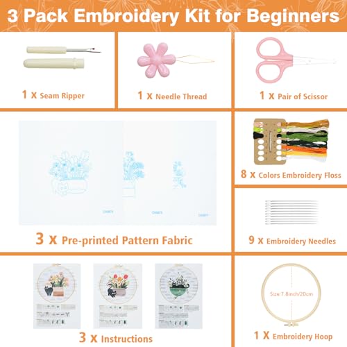 RidaaFri Embroidery Kit for Beginners, Set of 3 Stamped DIY Kits with Cat, Floral, Plant Patterns for Adults, Includes Hoop, Needles, Floss, Step-by-Step Video Tutorial, Complete Sewing Craft Supplies