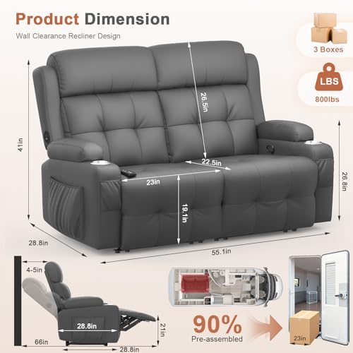 Tiooii RV Loveseat Recliner Sofa, Massage Wall Hugger Recliners Couch with USB Port, Side Pockets, Cup Holders, 150° Reclining Sleeper, for RV Furniture & RV Camper & Home Theater Seating