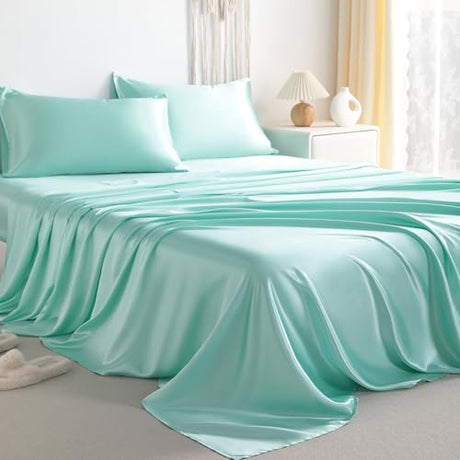 NTBAY Silk Satin Twin Sheet Set, 3-Piece Luxury and Soft Bedding Set Cooling Silky Sheets for Hair and Skin, Includes 1 Pillowcase, 1 Flat Sheet, 1 Fitted Sheet with Deep Pocket, Turquoise Blue NTBAY