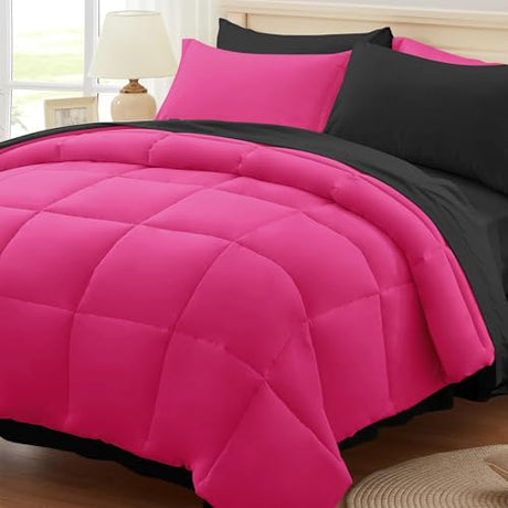 Anluoer King Comforter Set,Hot Pink&Black Bed in a Bag 7 Piece,Lightweight Bedding Set with Soft Down Alternative Fill,Bed Set Includes Comforter, Fitted Sheet, Flat Sheet,Pillowcases and Shams Anluoer