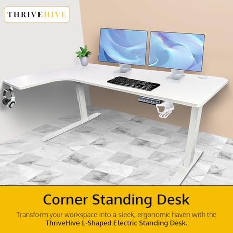 Standing Desk - 63 x 24 Inch L Shaped Electric Height Adjustable Desk - Ergonomic Left Corner Work Station Setup for Home Office, Gaming, Sit Stand, Large L Shaped Wooden Table for PC Computer, Laptop ThriveHive