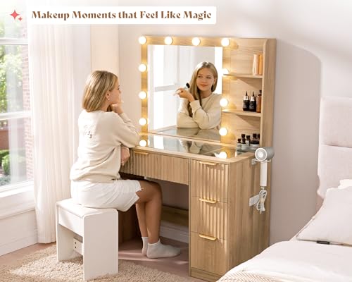 AMERLIFE 36.2" Fluted Vanity Desk with Mirror and Adjustable LED Lights, Large 4 Drawers Makeup Table with Glass Top and Charging Station for Women and Girls, Bedroom or Dorm, Natural Oak AMERLIFE