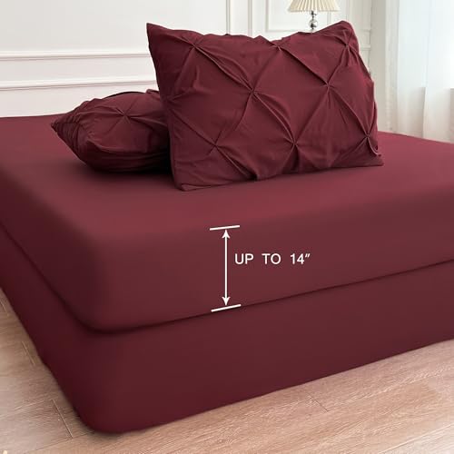 Maple&Stone Burgundy Comforter Set Queen, 7 Pieces Bed in a Bag Queen, Pintuck Bedding Sets with Comforter, Sheets, Pillowcases & Shams - Burgundy Maple&Stone