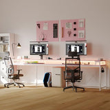 LALFPET U-Shaped Desk with Power Outlets & LED Lights - 79" Reversible Corner Computer Desk with Monitor Stand and Storage Shelf for Home Office, Gaming, and Two-Person Use, Pink LALFPET