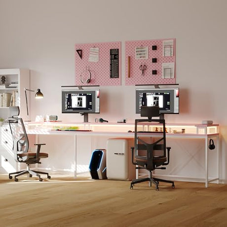 LALFPET U-Shaped Desk with Power Outlets & LED Lights - 79" Reversible Corner Computer Desk with Monitor Stand and Storage Shelf for Home Office, Gaming, and Two-Person Use, Pink LALFPET