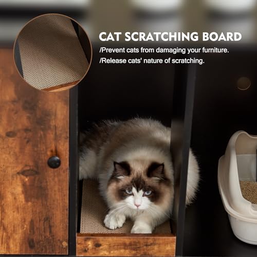 JanflyHome Cat Litter Box Enclosure with Power Outlet, 60'' Large Double Hidden Cat Litter Box Furniture with Shelf, Indoor Cat House Furniture with Cat Scratching Pad for 2 Cats, Vintage Brown… JanflyHome