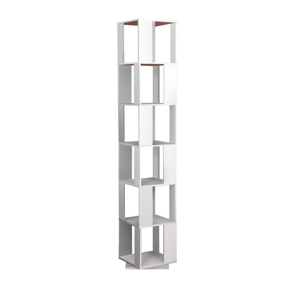 NICEME 190cm 360° Rotating Tall Corner Bookcase with 6 Tiers – Freestanding White Display Shelf for Living Room NICEME